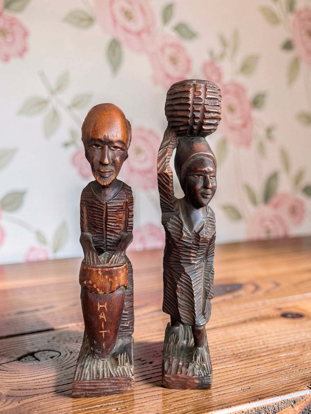 Haitian Hand Carved Wood Folk Art Figurines Set of 2 Signed 11" Caribbean Decor